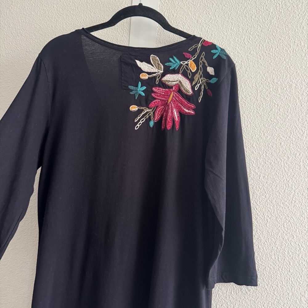 Johnny Was JWLA Black 3/4 Long Sleeve Floral Embroidered Tunic Shirt Dress Boho - Picture 6 of 9